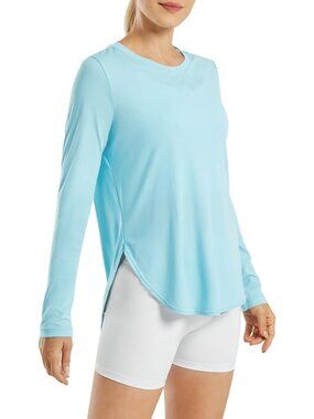 Women Light Blue UPF 50+ UV Shirt Long Sleeve Workout Yoga Sun Top Quick Dry Gym